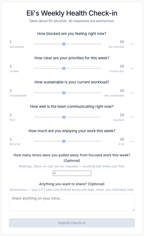 Engineer weekly health check-in form showing five sliders and an anonymous open text field
